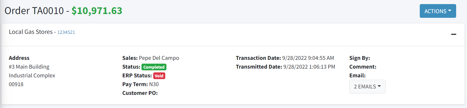 Transaction detail upper section
